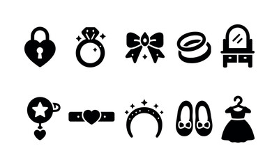 Fashion and accessories solid icon set. jewellery, clothing, wardrobe essentials