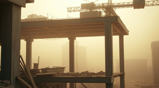 Construction in the Dust: A high-angle, photorealistic shot of a construction site under the hazy grip of dust, with a towering crane. It's a scene that speaks to the raw power of human progress.