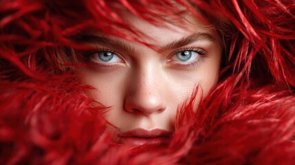 A striking portrait of a woman with stunning blue eyes framed by vibrant red fur, creating a bold and artistic representation of beauty and elegance in photography.