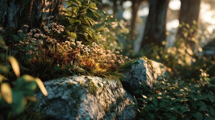 Obraz premium Intricate forest floor with light dappling through foliage and mossy stones