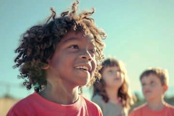 Portrait of a little boy with curly hair and his friends in the background