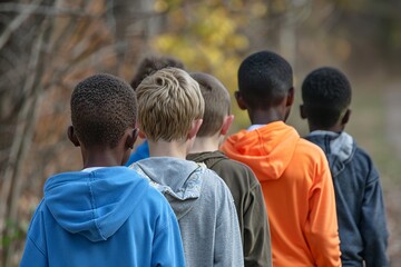 Rear view of a group of young African boys standing in a row.