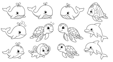 Collection of cute cartoon marine animals isolated on transparent background