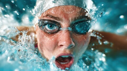A captivating underwater shot of a female swimmer immersed in motion, showcasing her intensity and strength, embodying the spirit of competition and water sports in vibrant clarity.