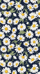 A dense floral pattern of white daisies with yellow centers and green foliage against a dark blue background. The flowers are scattered and overlapping, creating a rich texture.