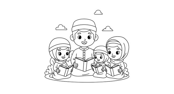 black and white muslim family reading books clip art preview
