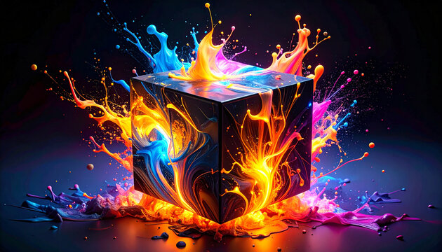 Floating AI Code Cube on Black Studio Surface. AI themed Background. Generated Image