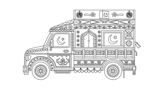 Traditional pakistani truck art design with crescent moon and stars isolated on transparent background