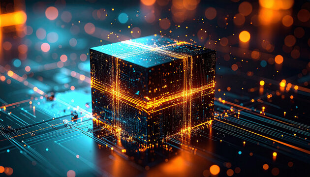 Floating AI Code Cube on Black Studio Surface. AI themed Background. Generated Image