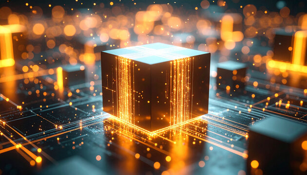 Floating AI Code Cube on Black Studio Surface. AI themed Background. Generated Image