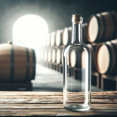 Bottle of wine on the table with barrels background concept drink industry destillery