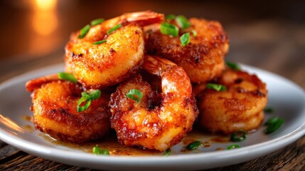A closeup of perfectly grilled shrimp garnished with green onions on a white plate, showcasing a mouthwatering seafood dish that promises flavor and freshness for food lovers.