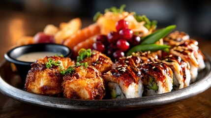 A beautifully arranged platter of assorted sushi rolls and fried delicacies, garnished with fresh greens, presenting a visual feast for sushi lovers seeking taste and artistry.