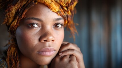 This captivating portrait features a woman in a beautiful earthy head wrap, showcasing her natural beauty and deep gaze that reflects strength, culture, and individuality against a muted background.