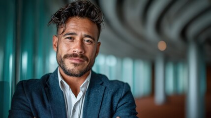 A confident man in a stylish blazer smiling warmly in a modern business environment, representing professionalism, success, and a contemporary approach to business attire.