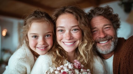 A cheerful family of three, surrounded by flowers, captures love and joy in a heartwarming portrait that emphasizes family bonds and togetherness in a beautifully cozy environment.