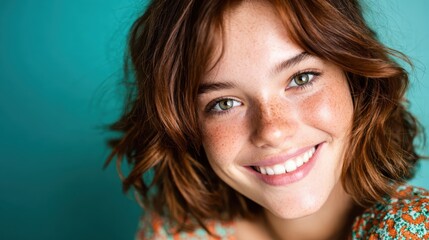 A smiling girl with a carefree expression embodies joy and warmth against a vibrant backdrop, capturing the essence of youth and innocence in a beautifully styled portrait.