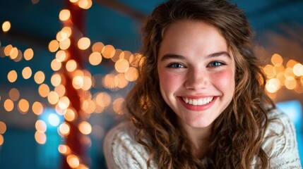 A young woman with curly hair beams joyfully in front of soft, glowing fairy lights, capturing a moment of happiness and warmth during a cozy indoor event filled with lights.