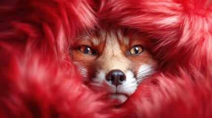 A striking close-up of a fox peering directly into the camera, surrounded by a dramatic red fur backdrop that emphasizes its intense gaze and beautiful features.