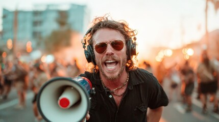 A dynamic scene captures a passionate protester leading a lively crowd, fueled by energy and determination, advocating for change with a megaphone in hand.