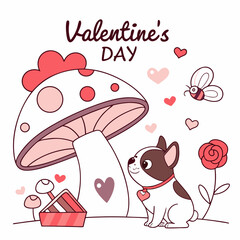 Charming SVG of a Funny French Bulldog featuring under a mushroom, styled in a Valentine's Day theme with Valentine Blush hues