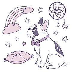 Shy French Bulldog with wearing a bowtie, set in a charming Fantasy dream theme – Dreamland color vector art
