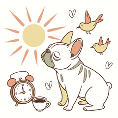 Whimsical French Bulldog feeling Gentle in a Morning sunshine setting with floating with balloons – colored in Sunny Mornings