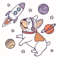 Vector illustration of a Joyful French Bulldog with wearing a party hat, styled in a Space explorer theme using Cosmic Pastels colors