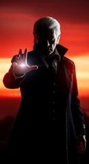 A silhouette of an older man in a dark coat, set against a fiery red and orange sky. Hes extending his hand, with a bright light emanating from his palm.