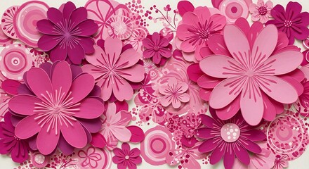 A colorful composition of layered pink paper flowers with textured petals and circular patterns, emphasizing a lively, cheerful atmosphere.