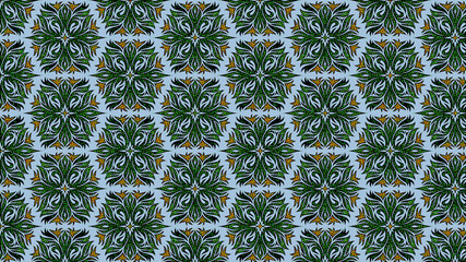 Intricate green and yellow floral pattern on a light blue background