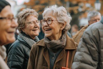 Portrait of a smiling senior woman with glasses in the city.