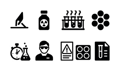 Science and laboratory solid icon set. chemistry, safety tools in filled style