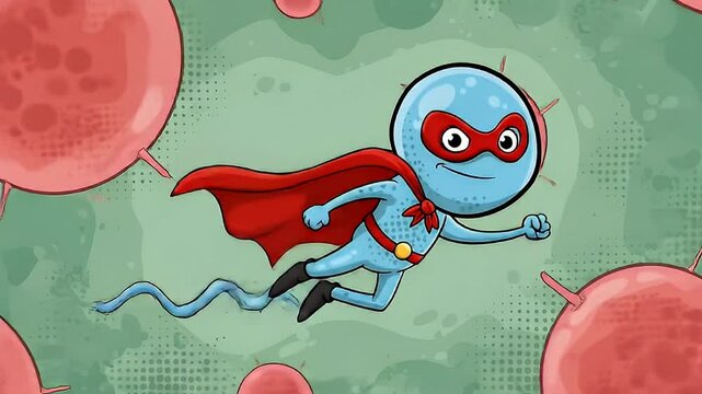 Cartoon sperm cell superhero swimming through bloodstream with red blood cells