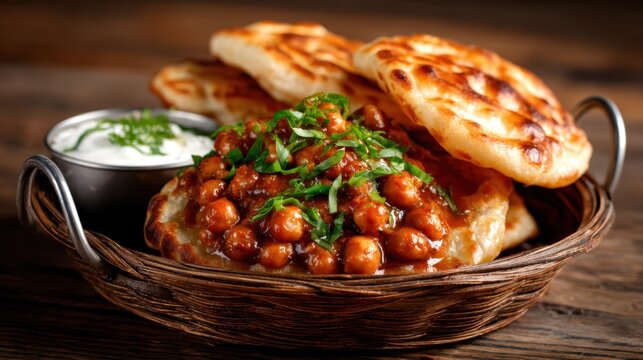A mouthwatering dish featuring spiced chickpeas served with soft, toasted bread, highlighting the rich textures and flavors of traditional cuisine.