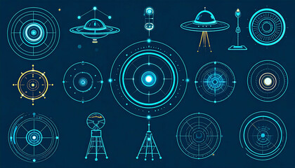 Futuristic sci-fi interface elements.  Various glowing circular,  and other shapes,  in turquoise/blue on dark background
