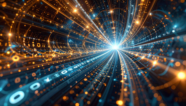 AI Data Stream Moving Through Virtual Tunnel. AI themed Background. Generated Image - Powered by Adobe