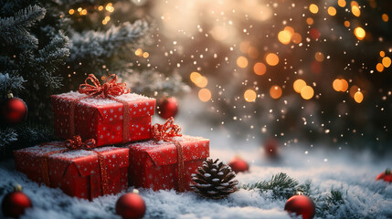 Present gift Boxes on the snow under Christmas tree