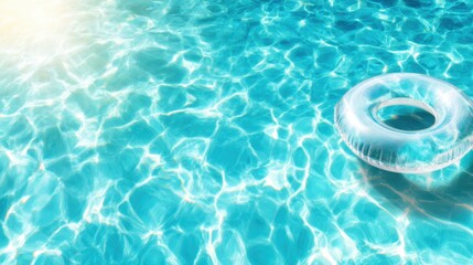 A serene image of a clear pool water surface showing glimmers of sunlight and a white inflatable ring floating, evoking feelings of relaxation and summer fun.