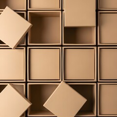 Kraft paper box grid pattern, blank packaging mockup background, brown cardboard squares, abstract geometric layout