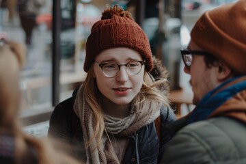young beautiful hipster woman in hat and glasses in the city street