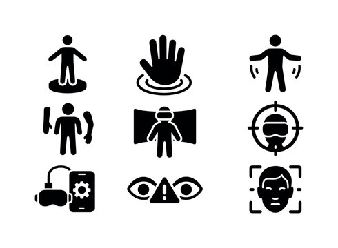 Virtual reality silhouette icon set. immersive technology, gaming experience collection