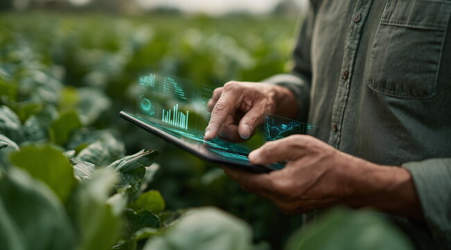African american farmer using digital tablet with futuristic interface for smart agriculture and crop management, footage. - Powered by Adobe