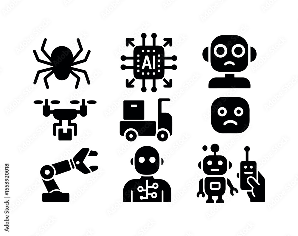 Poster technology and robotics solid icon set. gadgets, innovation, automation icons collection
