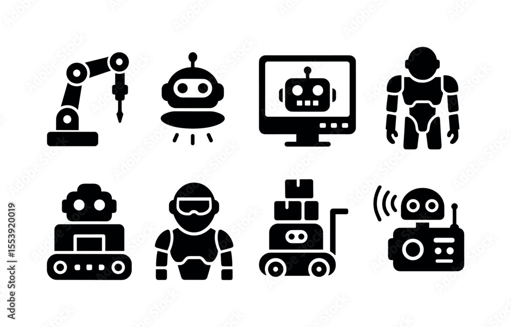 Poster robot and ai filled icon set: futuristic technology, automation icons collection