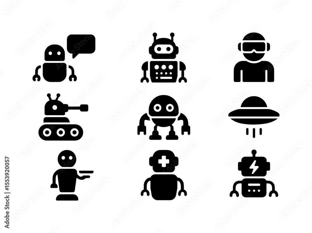 Poster technology, robotics solid icon set. ai, cyborg, robot, futuristic icons for innovation