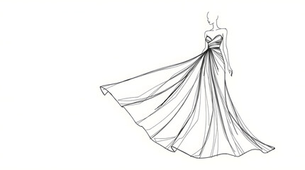 Minimalist fashion sketch of a long, flowing gown with dramatic, sweeping lines and no visible bodice. Perfect for haute couture, bridal, or elegant dress design inspiration.