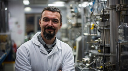Obraz premium A male scientist in a lab coat looks at the camera with his arms crossed in images of a modern science laboratory.