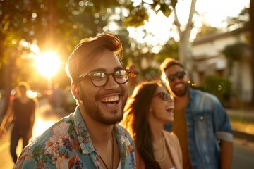 Portrait of a smiling young man and woman walking in the city