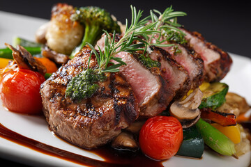 Grilled gourmet steak: sliced steak with vegetables for dinner